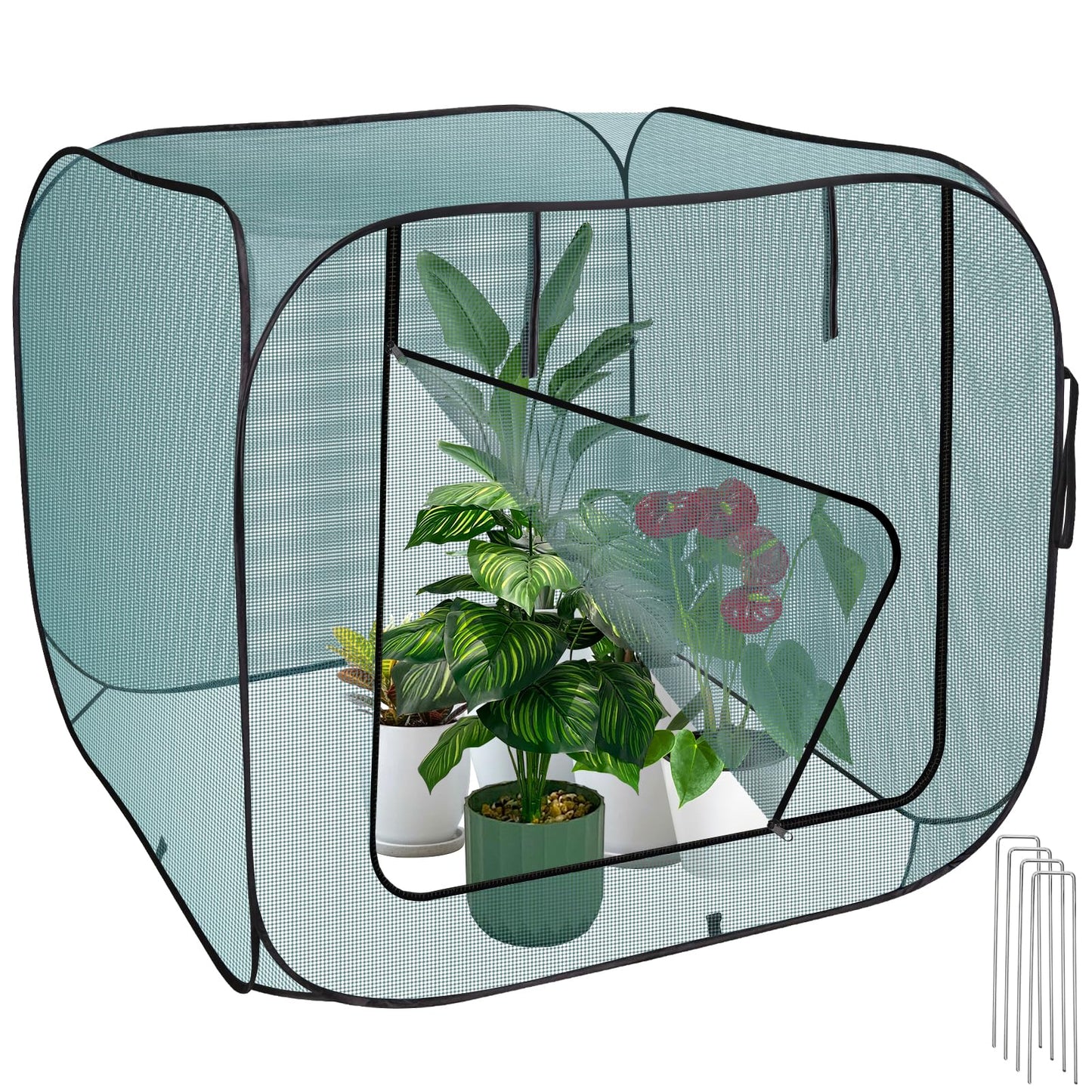 RGQSUN 1Pcs 47 x 47 x 43in Pop-up Garden Mesh Plant Cover,Large Pest Guard Cover,Plant Gardening Net Cover with Zip and Stakes for Protecting Vegetable Fruits Plant from Birds Insects