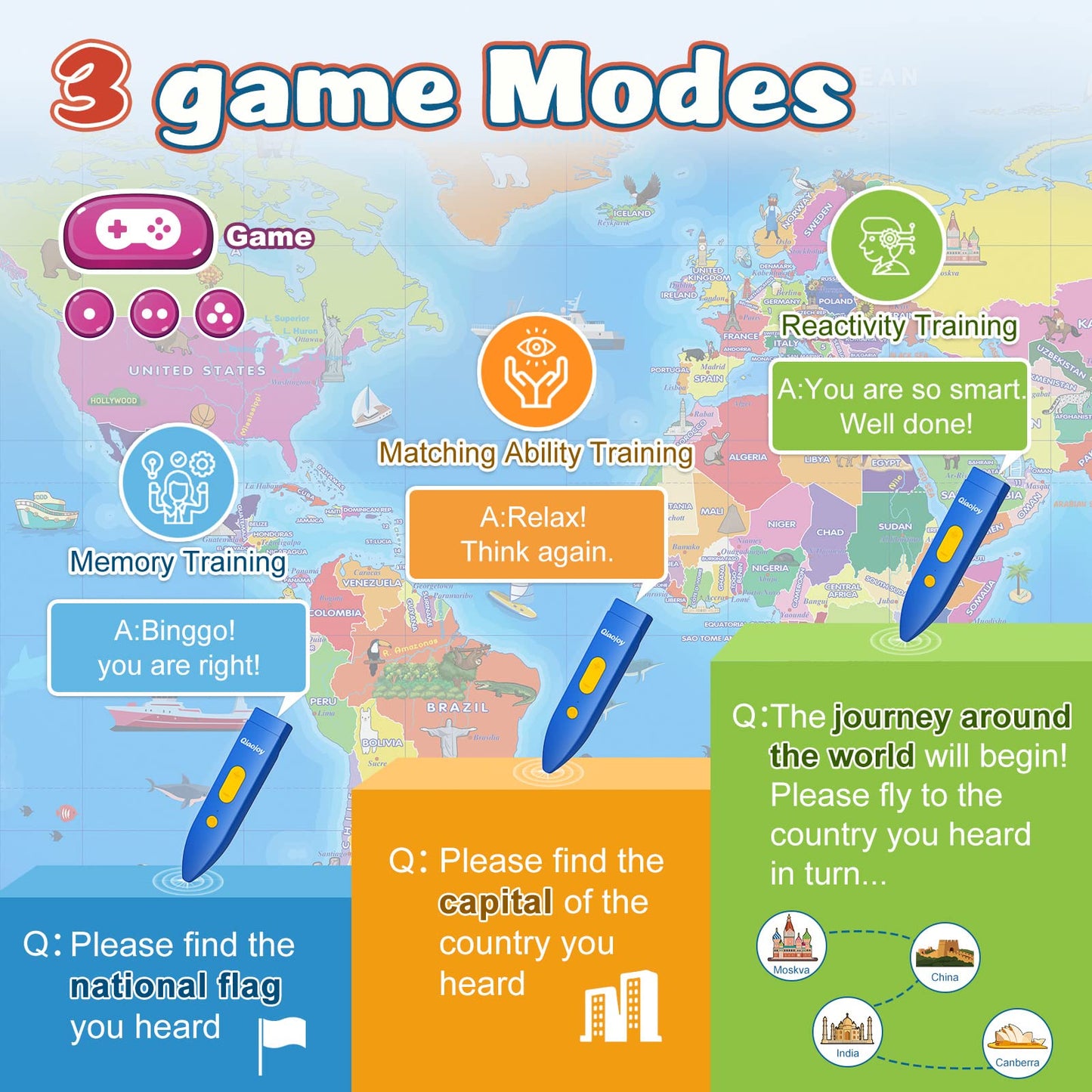 Qiaojoy Bilingual Interactive World Map for Kids Learning and Educational Toys, Talking Electronic Kids World Map i-Poster Geography Games Ages 3 to 12 Years Old, Custom Talking Birthday Gifts Card
