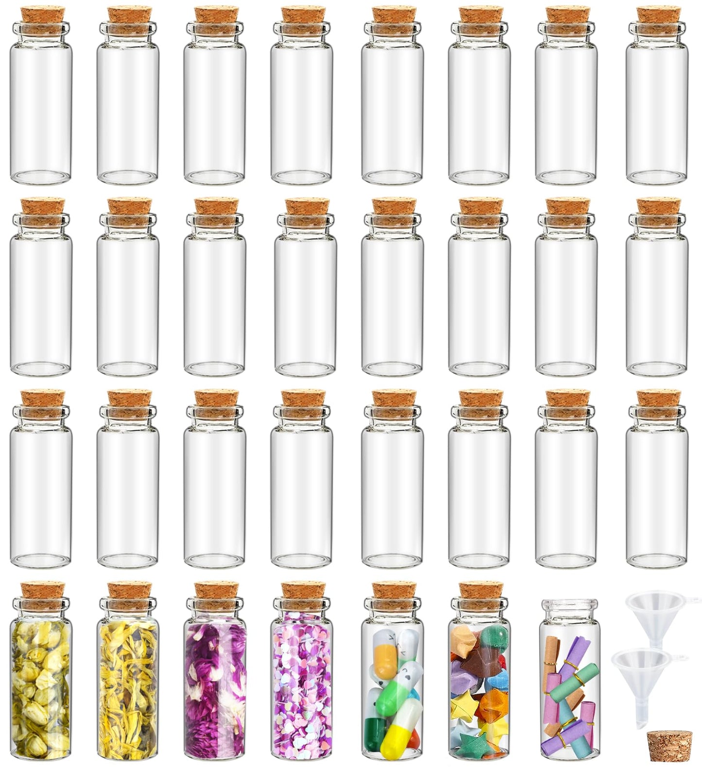 30Pcs 15ml Mini Glass Bottles with Cork Stoppers - Small Clear Vials for DIY Crafts, Wedding Favors, Halloween Decor, Wishing Spell Jars, Includes Funnel-(22 * 70 mm)