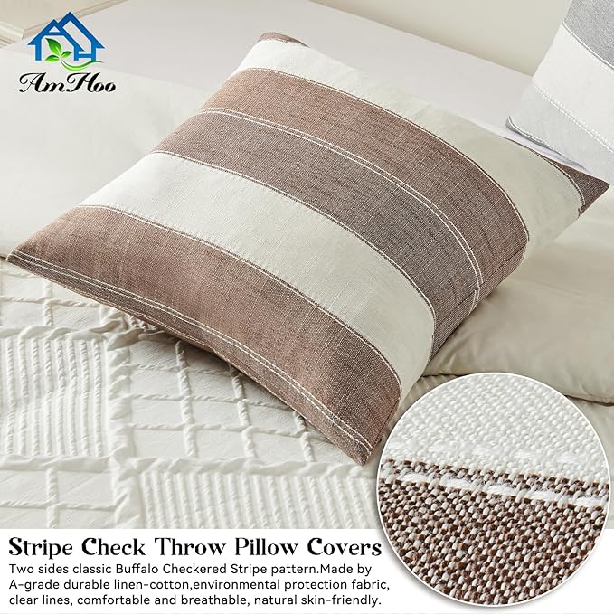 AmHoo Pack of 2 Farmhouse Stripe Check Throw Pillow Covers Set Case Cotton