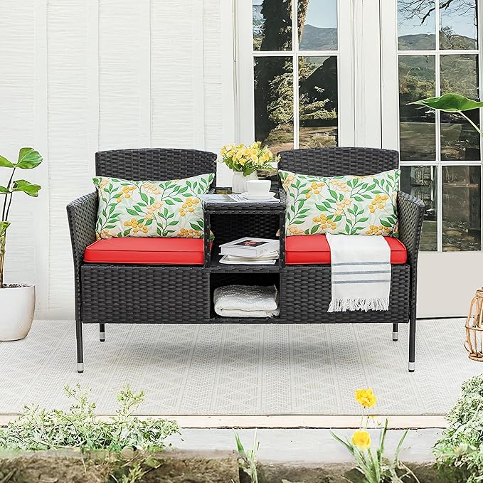 Devoko Outdoor Patio Loveseat Modern Rattan 2-Seat Patio Conversation Set