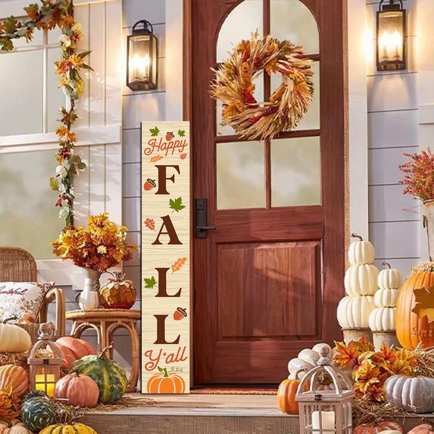Happy Fall Sign Autumn Front Door Hanging Decor Welcome Sign Wooden Vertical Indoor Outdoor Standing Sign For Garden Home Yard Farmhouse Porch 47.2 x 7.8 Inch