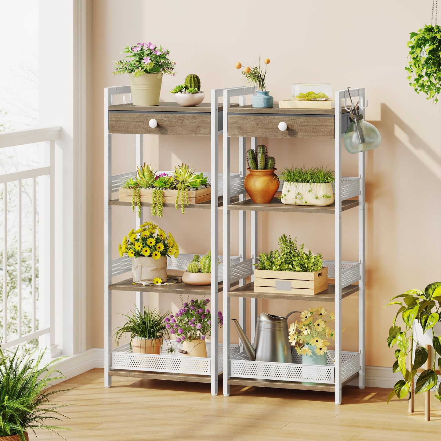 FAVOOSTY 4 Tier Ladder Shelf Stand, Bookshelf with Drawer Storage, Decorative Display Shelves Wood & Metal, Plant Shelf, Standing Shelf Unit for Living Room Bedroom Office Kitchen, White