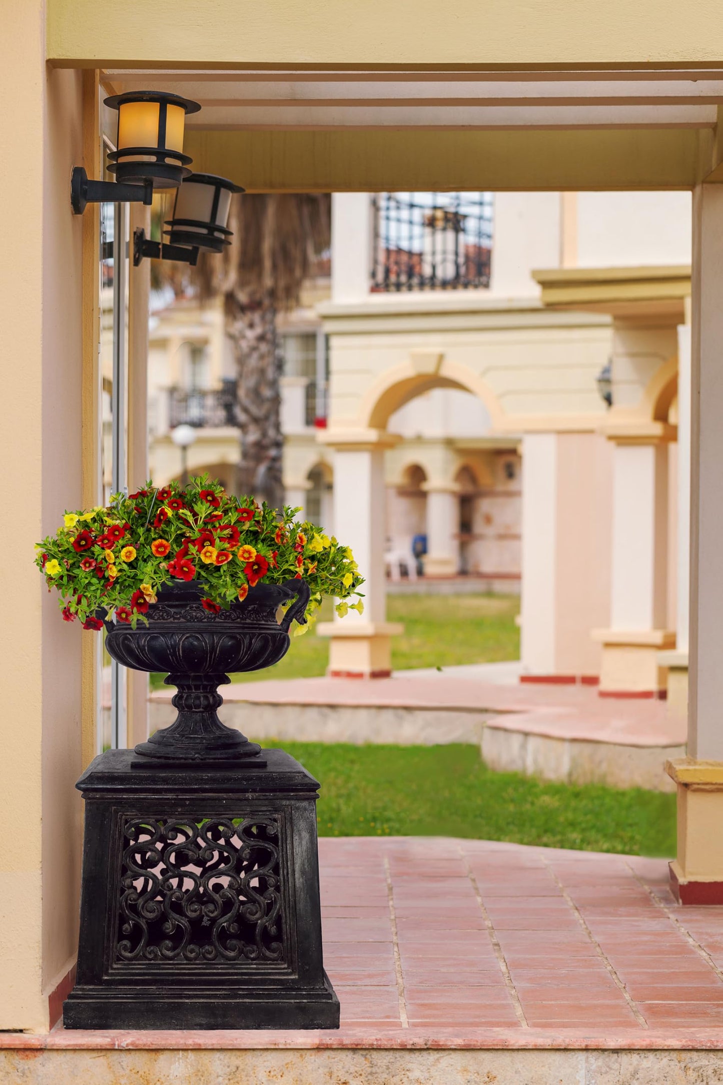 MPG Planters 26 in. Cast Stone Square Tapered Garden Pedestal in an Aged Charcoal finish