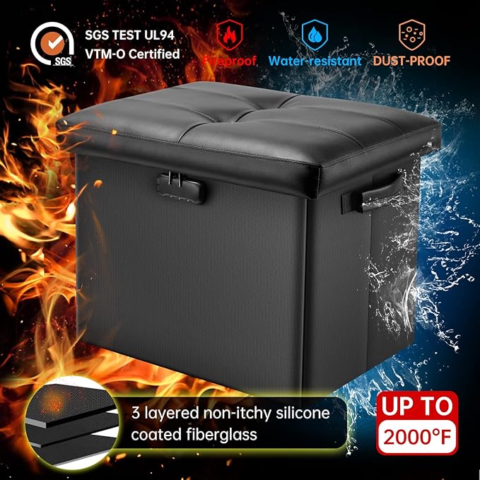DocSafe Storage Ottoman with Lock, Fireproof Folding Ottoman Foot Rest Stool