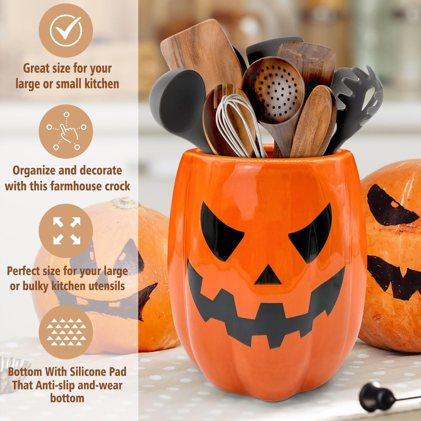 pinata Halloween Kitchen Decor Ceramic Pumpkin Utensil Holder, Cute Halloween Utensils Holder, Ceramic Utensils Crock for Rustic Farmhouse Indoor Kitchen Decorations(6.3 Inches)