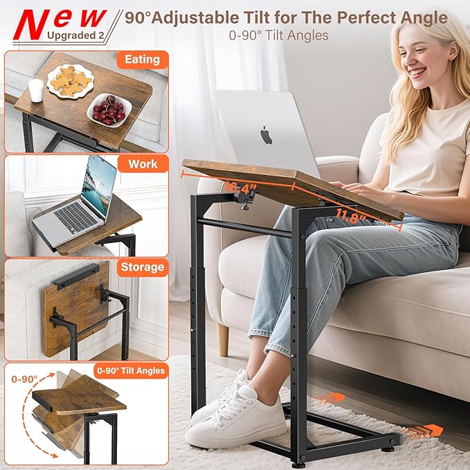Tv Tray Table Set of 2, 8-Level Adjustable Height Couch Side Table，90° Tilt