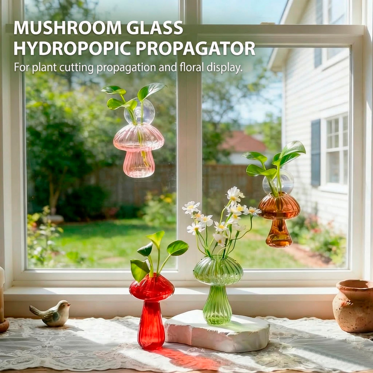Window Propagation Stations, Propagation Vases, Colored Mushroom Glass Vases with Suction Cups, Nail-Free Easy-Install Wall-Mounted Planters, Plant Lover Gifts (4-Pack)