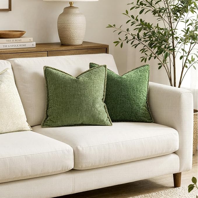MIULEE Pack of 2 Couch Throw Pillow Covers 18x18 Inch Sage Green Farmhouse Decorative Pillow Covers with Stitched Edge Soft Chenille Solid Dyed Summer Pillow Covers for Sofa Bed Living Room