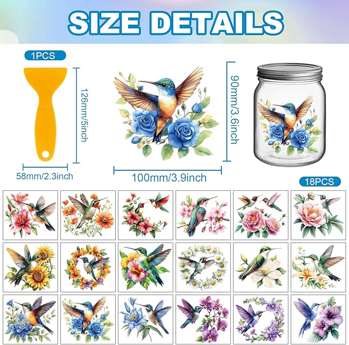 GLOBLELAND 18 Sheets Hummingbirds and Flowers Rub on Transfers