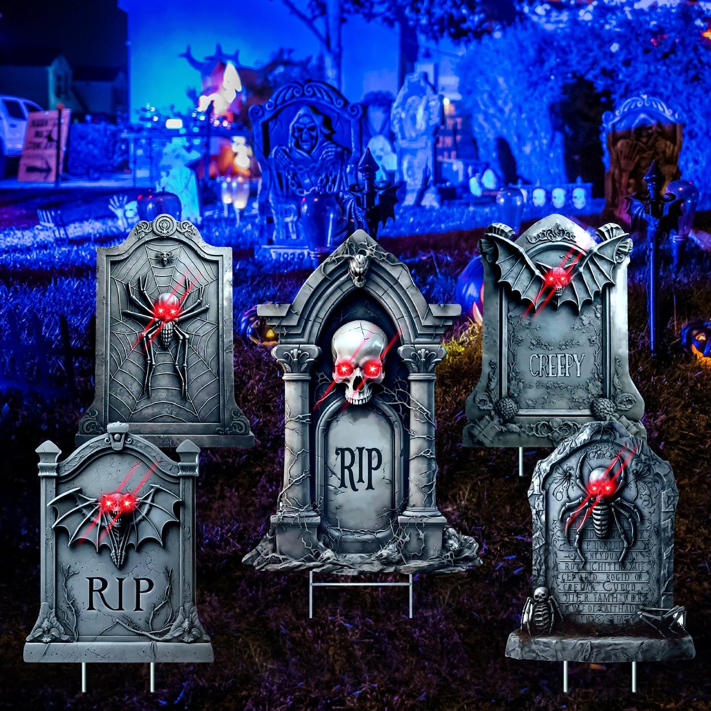 5 Pack Tombstone Halloween Decorations Plastic Yard Signs with Stakes,Graves Halloween Decorations Outdoor, Scary Gravestone Decorations with Glow in Dark Eyes for Outdoor Yard Lawn Garden Waterproof