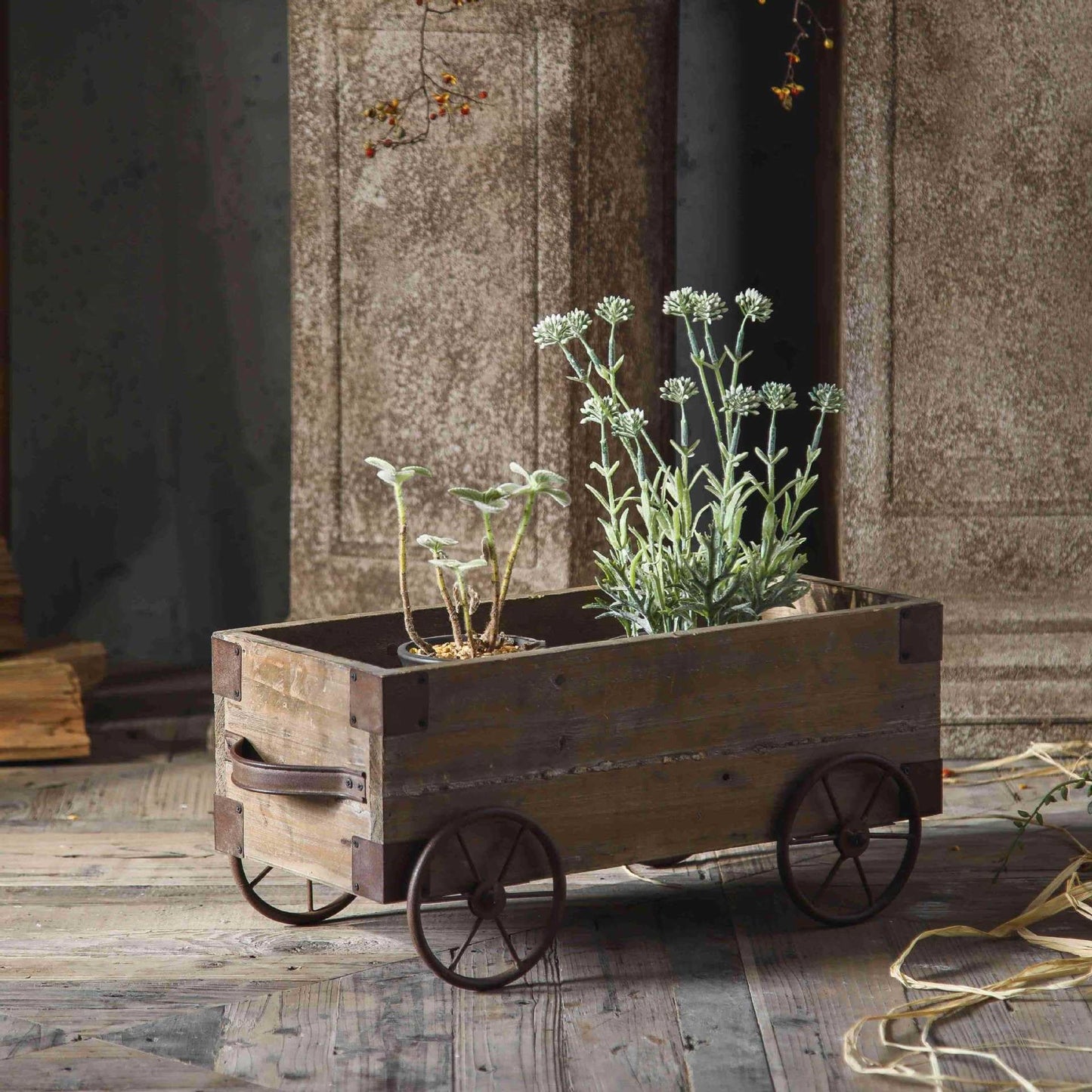 TerkCo Rustic Wooden Wagon Planter, Distressed Wood with Metal Wheels, Farmhouse Style Outdoor Patio Flower Pot,Garden Backyard Planter