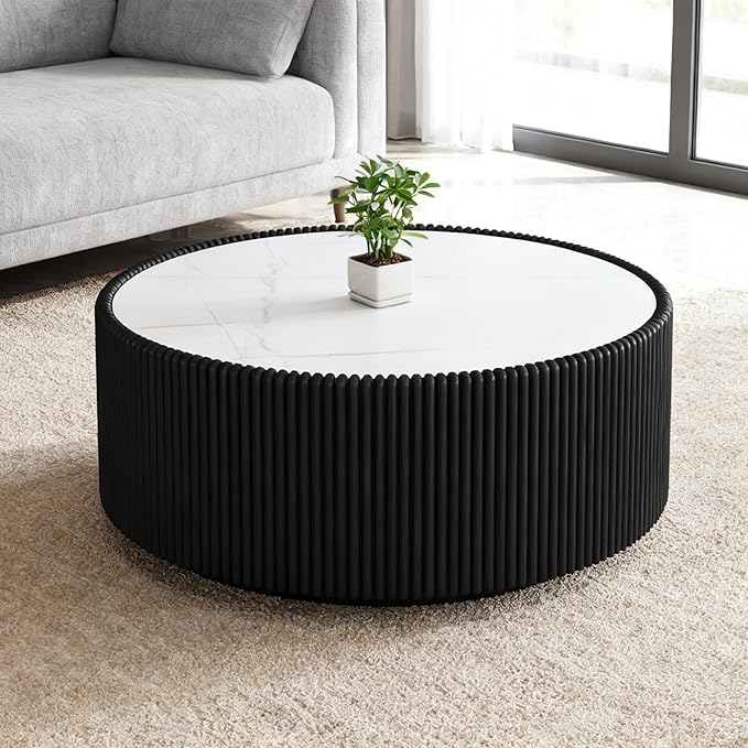 29.52" Round Marble Coffee Table, Modern Fluted Coffee Table w/White Sintered