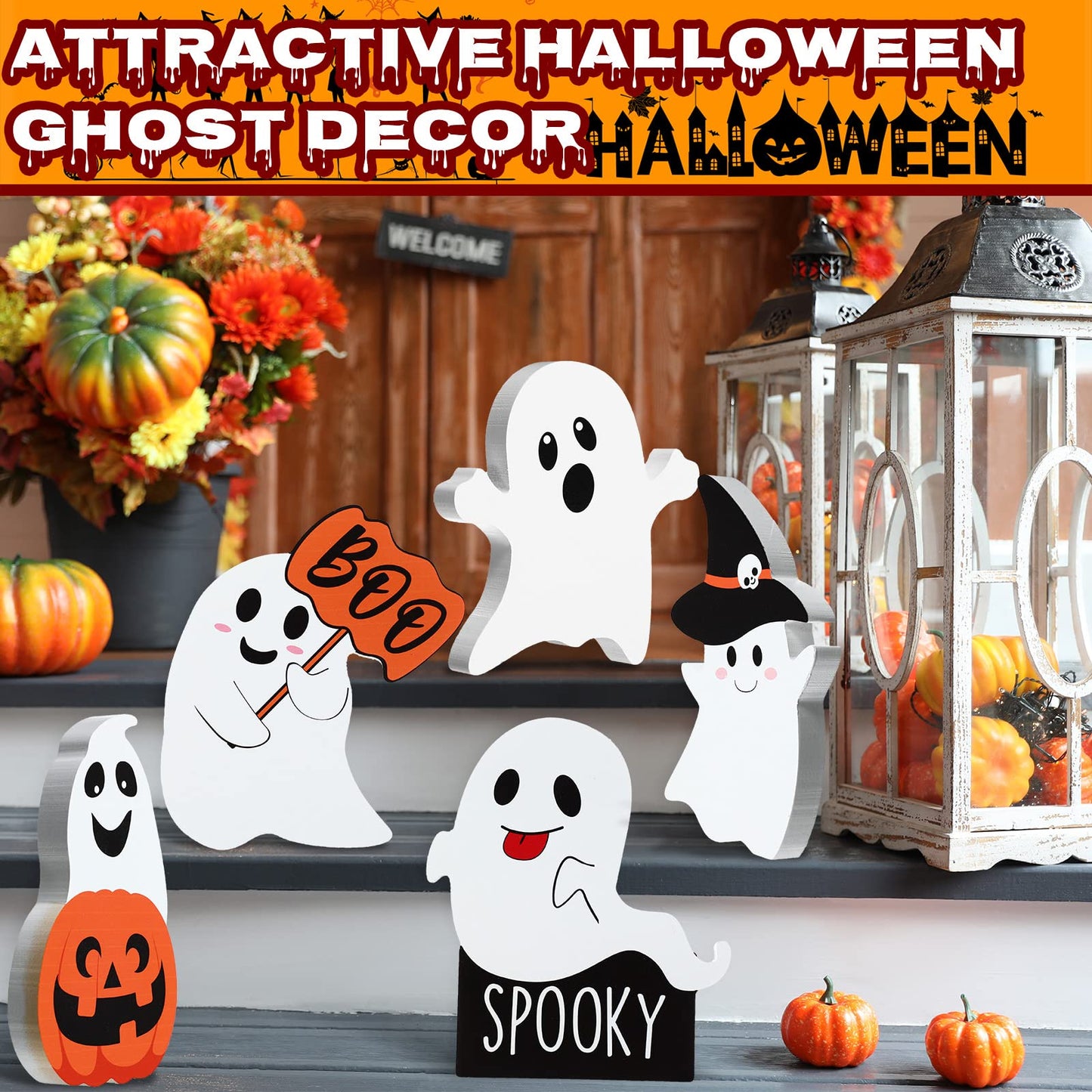 5 Pcs Halloween Ghost Table Decorations Cute Ghost Decor Indoor Wooden Witch Boo Centerpieces Spooky Tiered Tray Pumpkin Signs Fall Rustic Decor for Party Shelf Display(Cute Style)