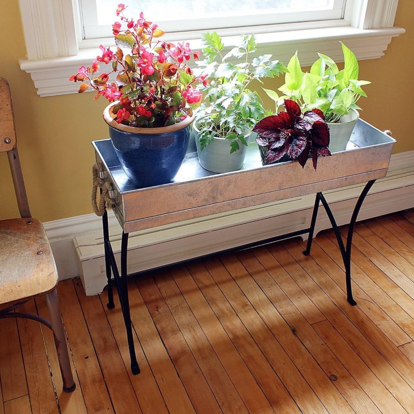 Oakestry Small Trestle Metal Windowsill Plant Stand Indoor Outdoor with Removable Tray Black and Galvanized Steel Compact Planter Display Riser for Home Garden Patio Decor Use Stable Rust Resistant