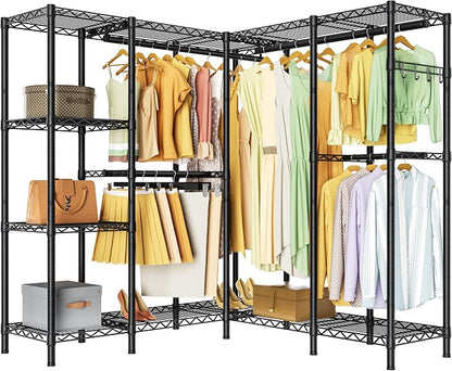 Golpart Heavy Duty Garment Rack Clothes Rack,Large Metal Closet Organizer System Storage Wardrobe,Freestanding Clothing Rack with Adjustable Wire Shelves& Hang Rods,MaxLoad 1100lbs