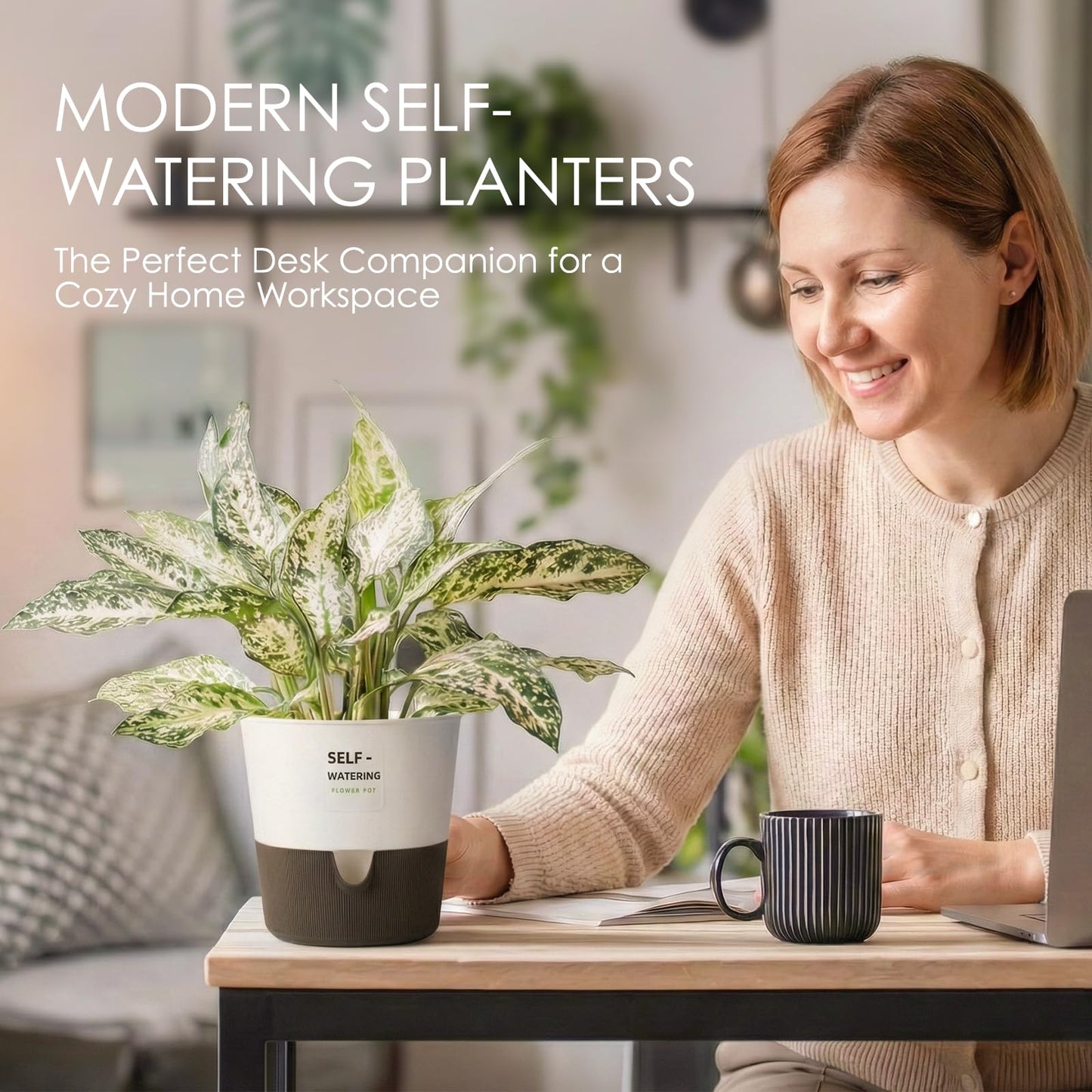 Leaf&lull 2 Pack Self Watering Pots for Indoor 7.5in Plants Plant Pots Indoor with Drainage Holes Modern Planters for Indoor Plants Room Office Décor(White)