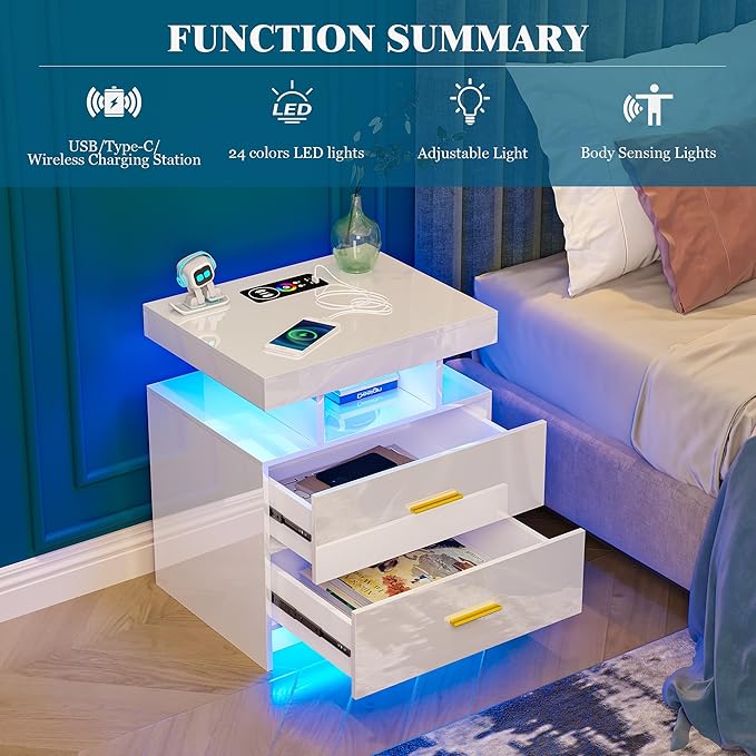 WOOVIVS Night Stand with Light, High Gloss Nightstand with USB/Wireless