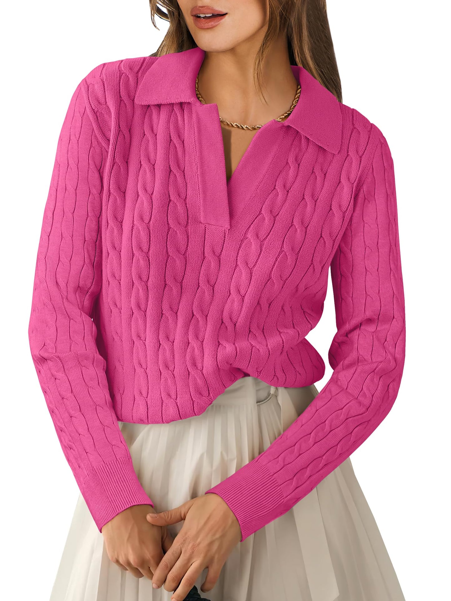ANRABESS Womens Cable Knit Sweaters Long Sleeve V Neck Sweater Tops Casual Pullover Polo Shirts 2025 Fall Fashion Outfits