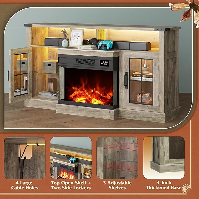 WLIVE 3-Sided Glass Electric Fireplace TV Stand