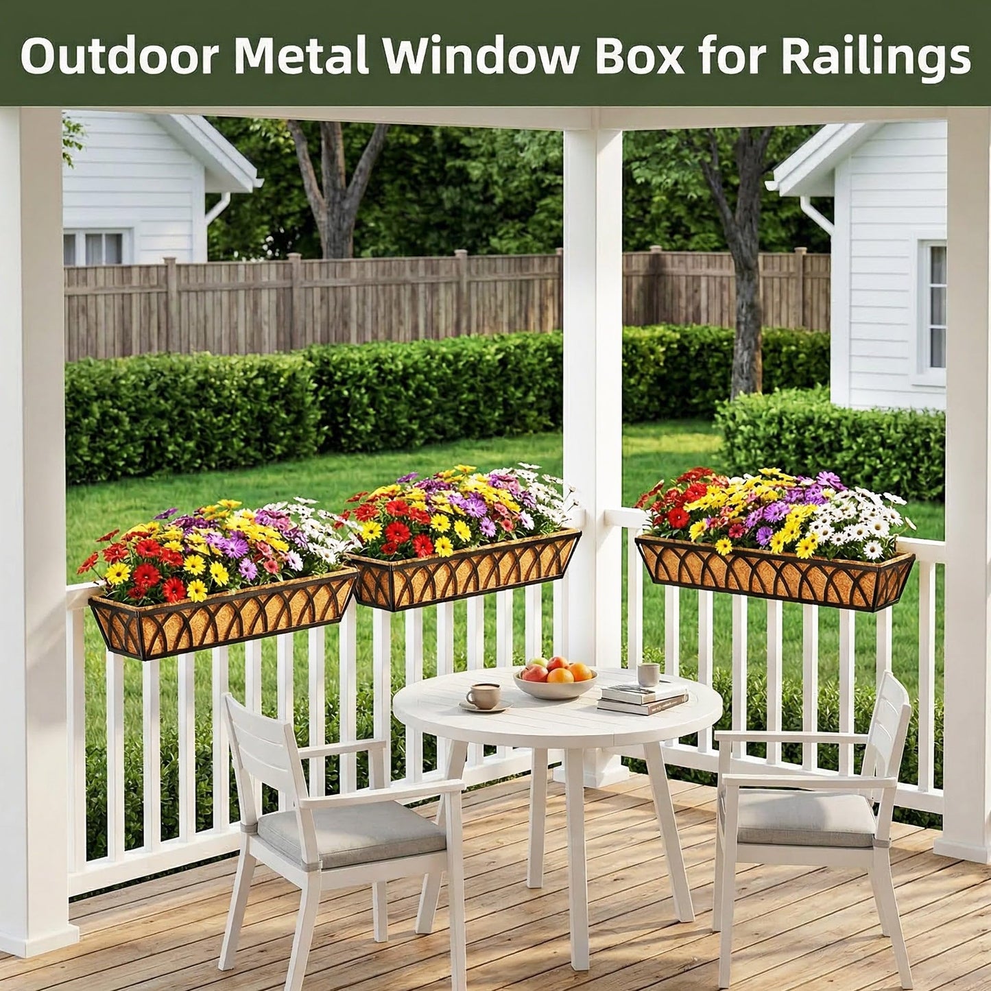 LAWYAMAI 30 Inch 4 Pack Railing Planter with Adjustable Brackets, Window Box with Coco Liner, Hanging Metal Flower Box for Balcony Deck Fence Porch, Black