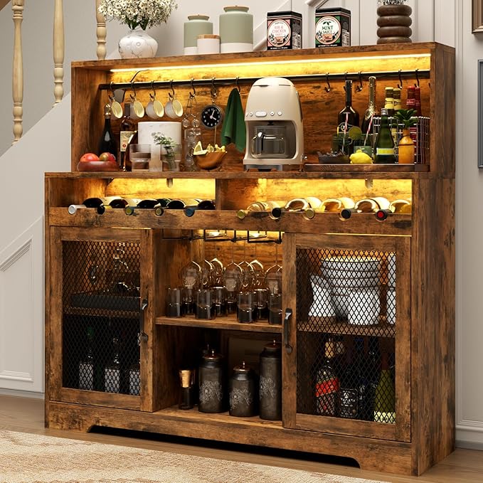 Loomie Wine Bar Cabinet with LED Light, Liquor Cabinet with Glass Holder