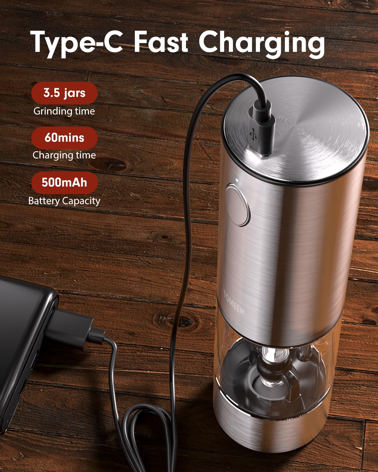 TOMEEM Upgraded Larger Capacity Electric Salt and Pepper Grinder Set Rechargeable with LED lights, Stainless Steel Automatic Pepper and Salt Grinder Refillable with 5 Adjustable Coarseness