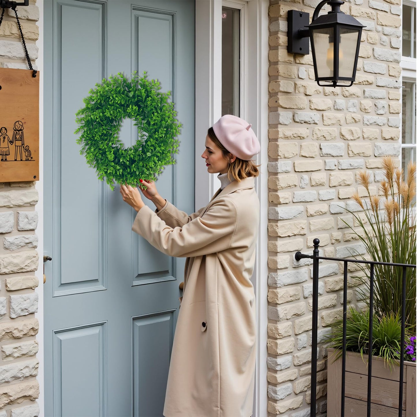 U'Artlines 17inch Front Door Wreaths Artificial Spring Summer Greenery Hanging Garland for Home Wedding Wall Window Decoration (17'inch Boxwood,1)