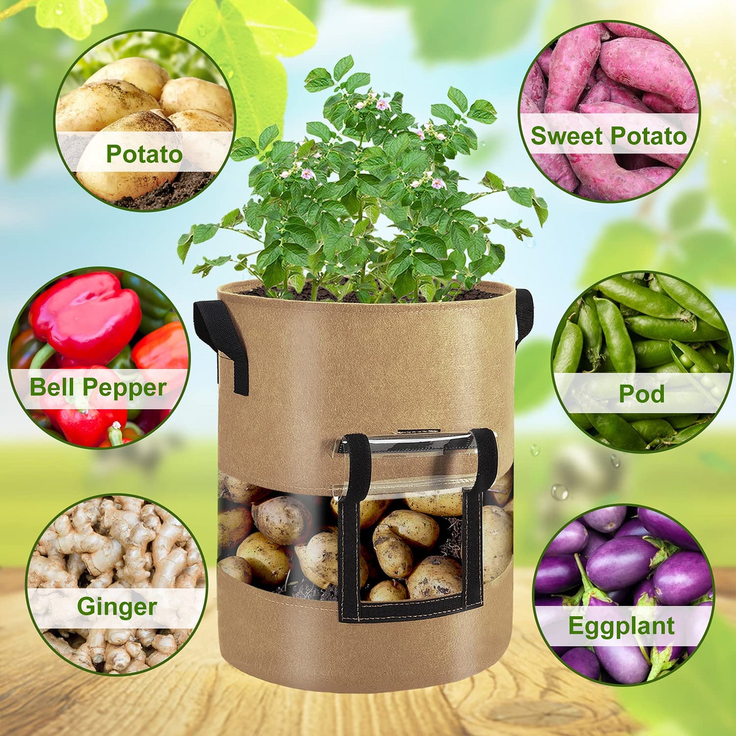 Florelf Visible Potato Grow Bags 10 Gallon with Flap 3-Pack,Potatoes Growing Containers with Handles&Visible Space, Heavy Duty Thickened Aeration Nonwoven Fabric Pots,alse for Tomato Strawberry