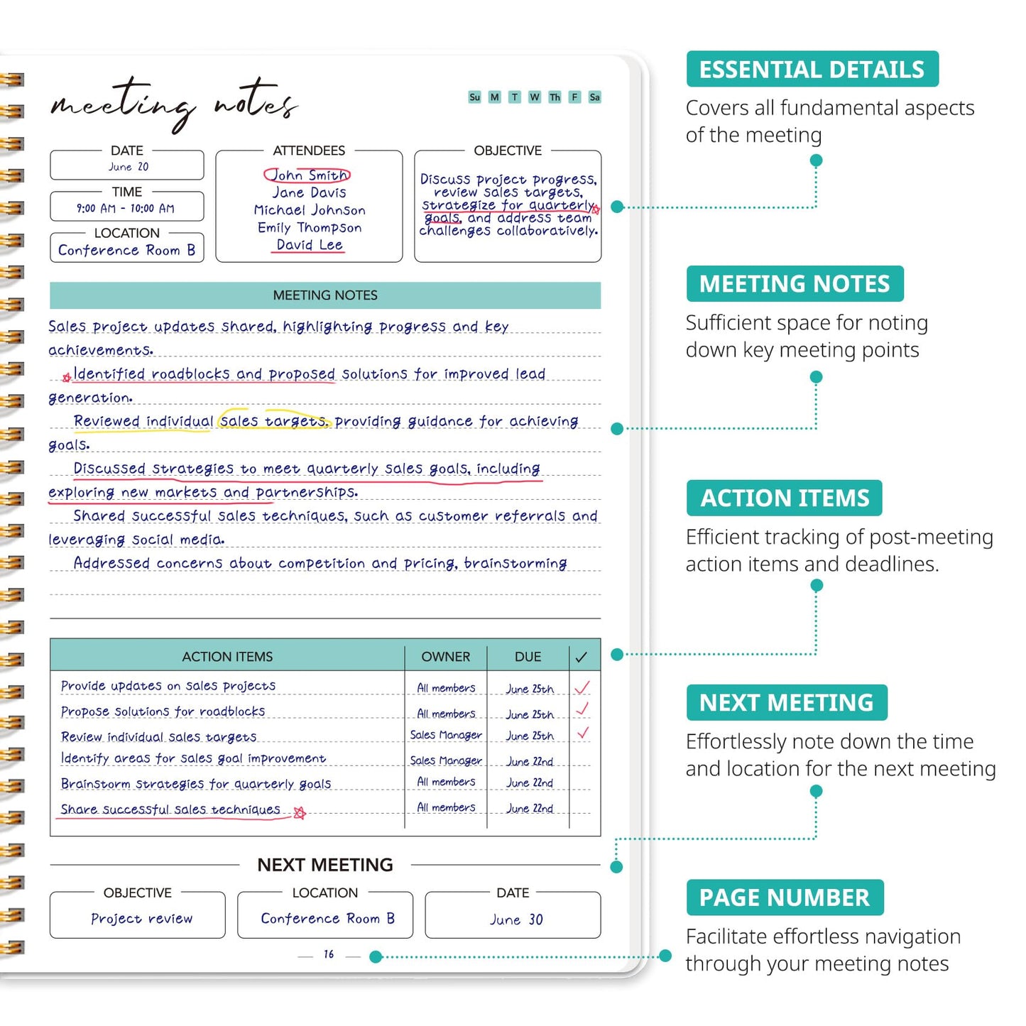 Meeting Notebook for Work Organization - Work notebook with action items, Meeting Minutes Planner Notebook, Perfect Office Supplies for Men & Women - Emerald Drift
