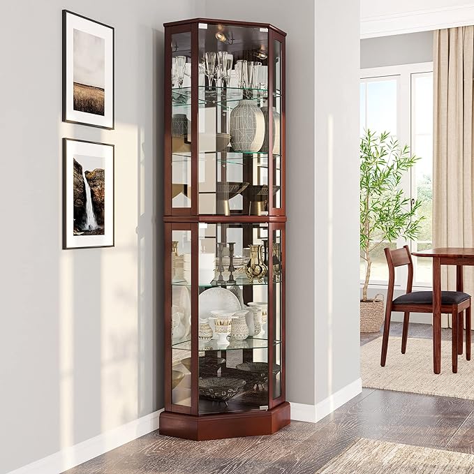 BELLEZE Lighted Corner Display Curio Cabinet, Bar and Liquor Storage Area