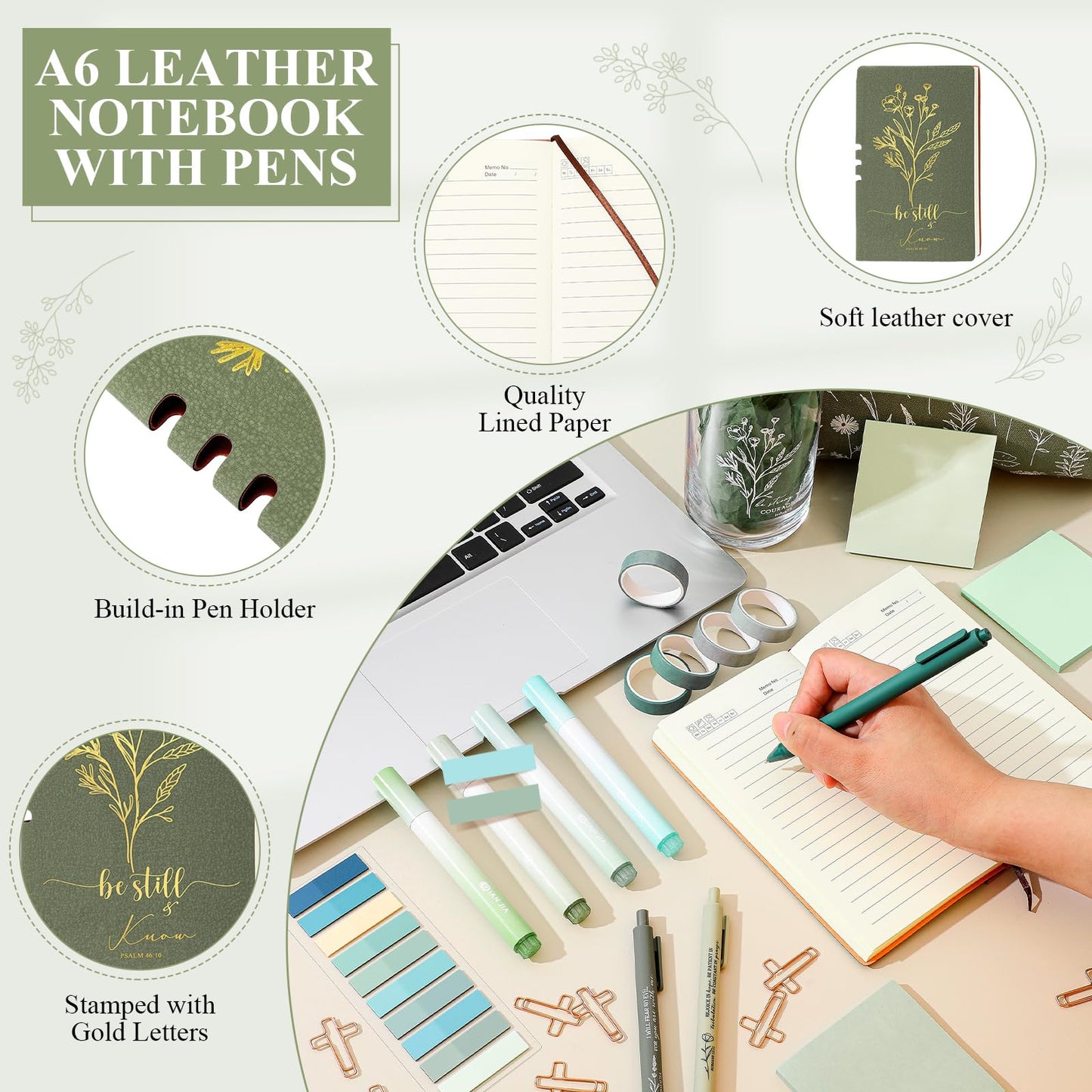Singhoow 29 Pcs Bible Journaling Supplies Kit 16 oz Glass Cup Canvas Bag Leather Notebook Highlighters Pens Sticky Note Tapes Bible Study Supplies for Women Sunday School Teacher(Green, Boho)