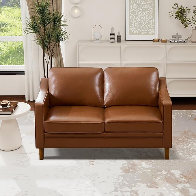 Kingfun 56" Faux Leather Sofa, Loveseat Couch, Mid Century Modern Love Seat