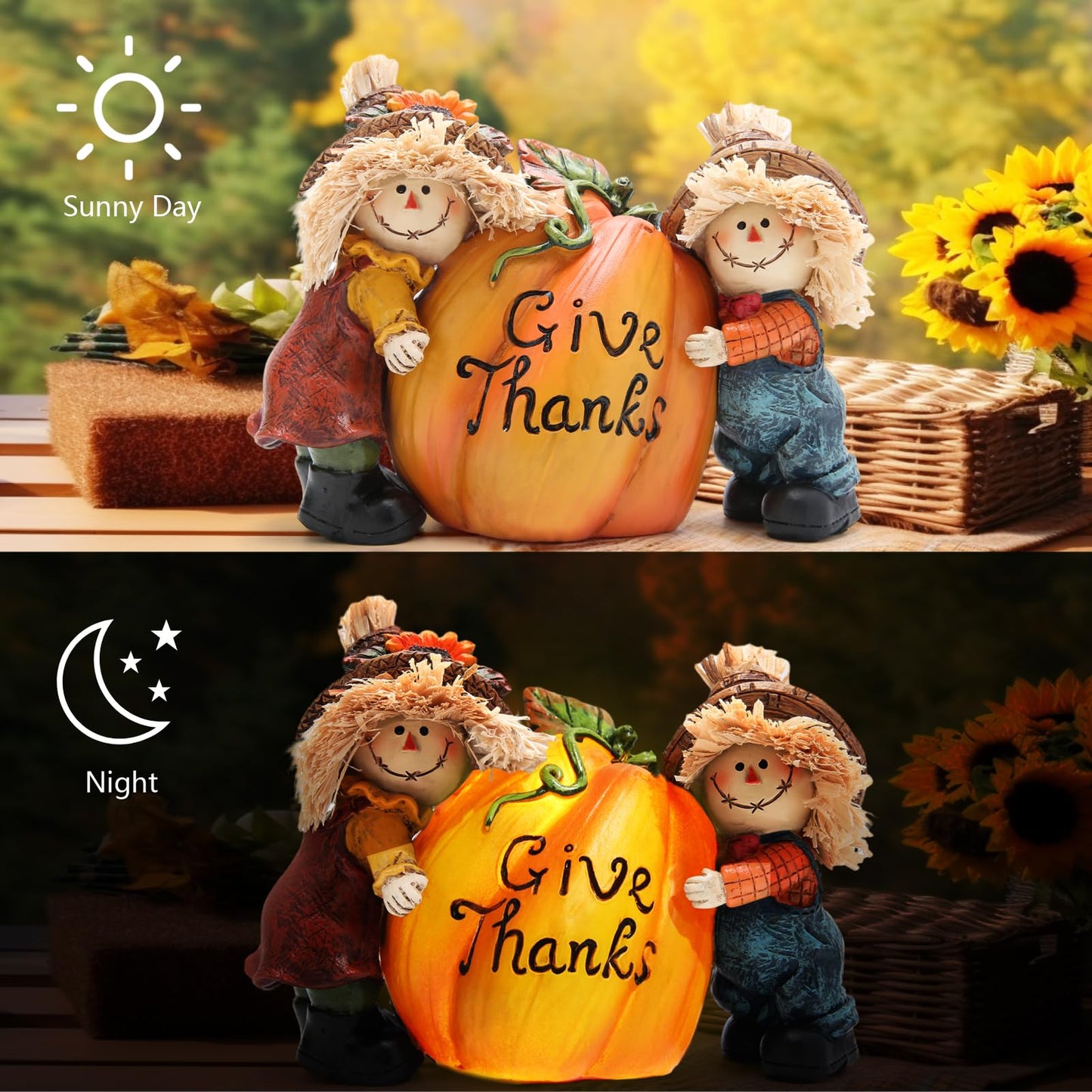 Hodao Fall Thanksgiving Resin Scarecrow Pumpkin Figurines - Adorable Scarecrow Embrace Pumpkin Decorations for Home Indoor Table Decor-Fall Thanksgiving Gifts