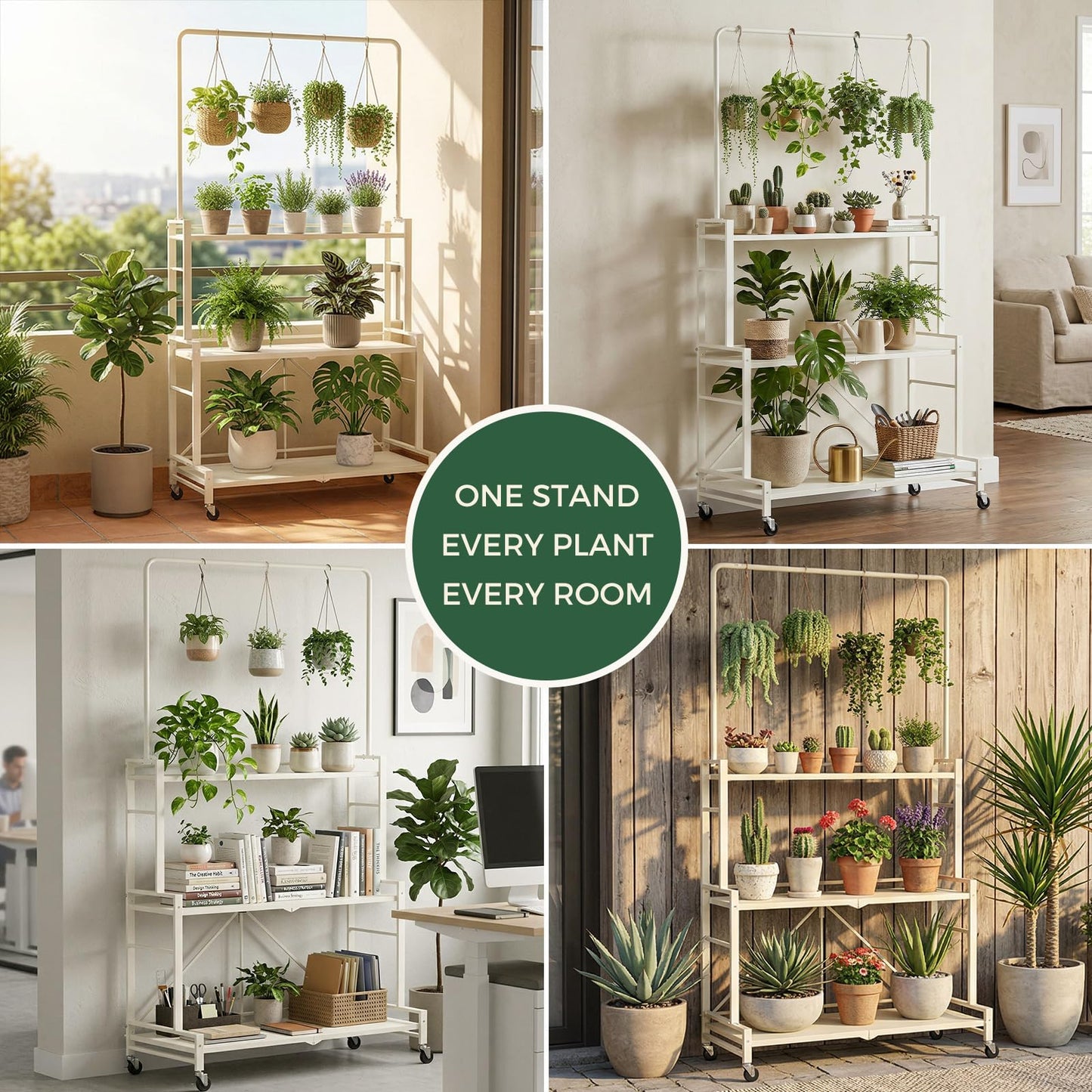 Plant Stand, 4-Tier Foldable Plant Shelf with 3 Shelves and Hanging Rod, Rolling Plant Stand with Wheels, No Assembly Flower Pot Stand for Indoor Outdoor, Sturdy Anti-Tip Plant Rack (Cream White)