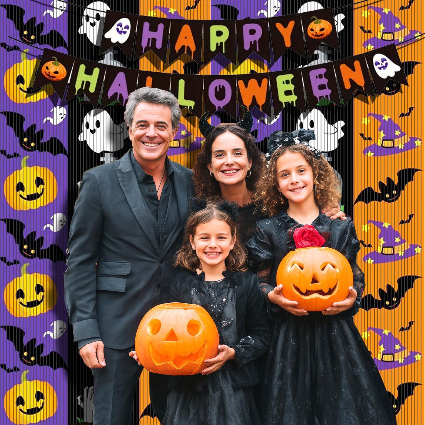OQOQ Halloween Party Decorations Backdrops, 2 Pcs 3.3x6.6 Ft Tinsel Foil Fringe Curtains & 1 Pcs Happy Halloween Banner, Streamer Large Photo Booth Props Indoor Party Decor