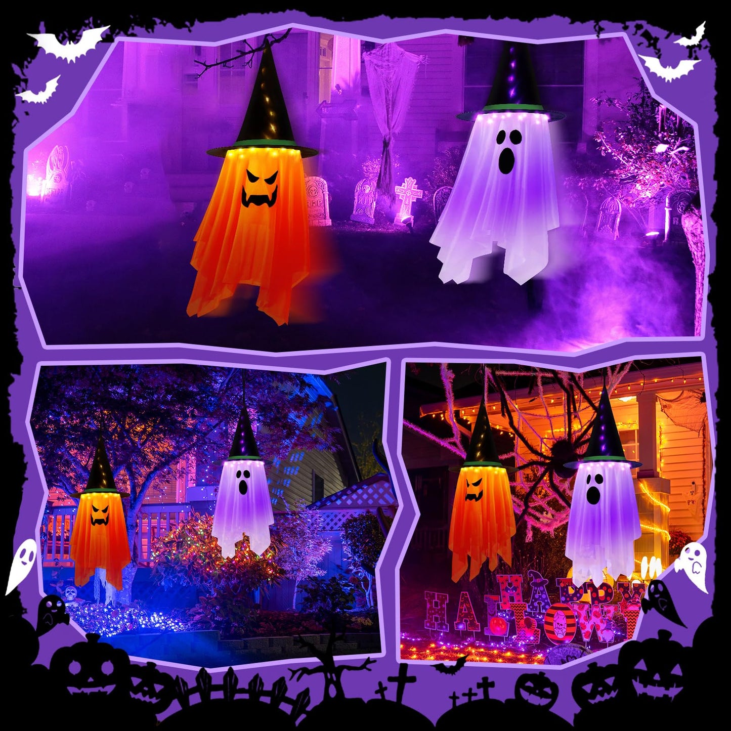 2PCS Halloween Decorations, 41" x 14" Large Size Hanging Lighted Glowing Ghost Witch Hat Lights Ornaments with Remote Control