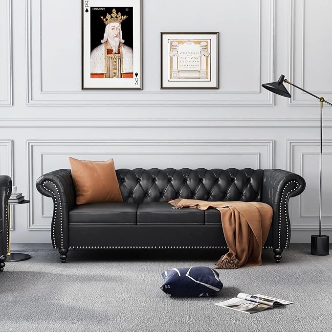 Mid-Century 3 Seater Sofa, Faux Leather Couch