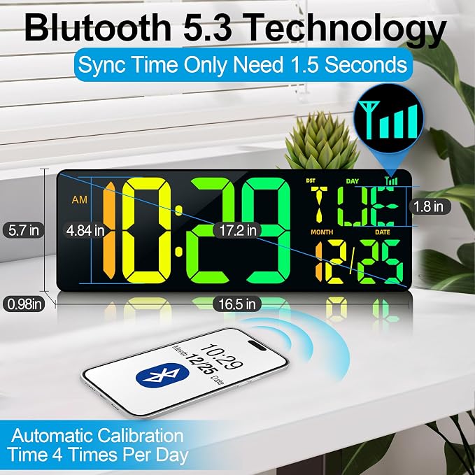 17.2" Large Digital Wall Clock with Bluetooth Auto Sync Time Big Timer | Led Digital Clock Large Display,11 RGB Color,Auto Dimming/DST, with Remote Control for Home Classroom Gift for Mom Dad