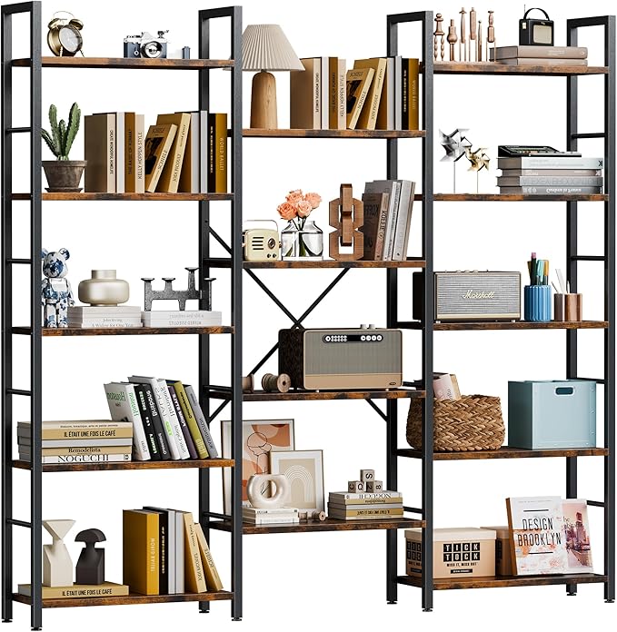 Shintenchi Triple Column 5 Tier Bookshelf, Industrial Large Bookcase Display