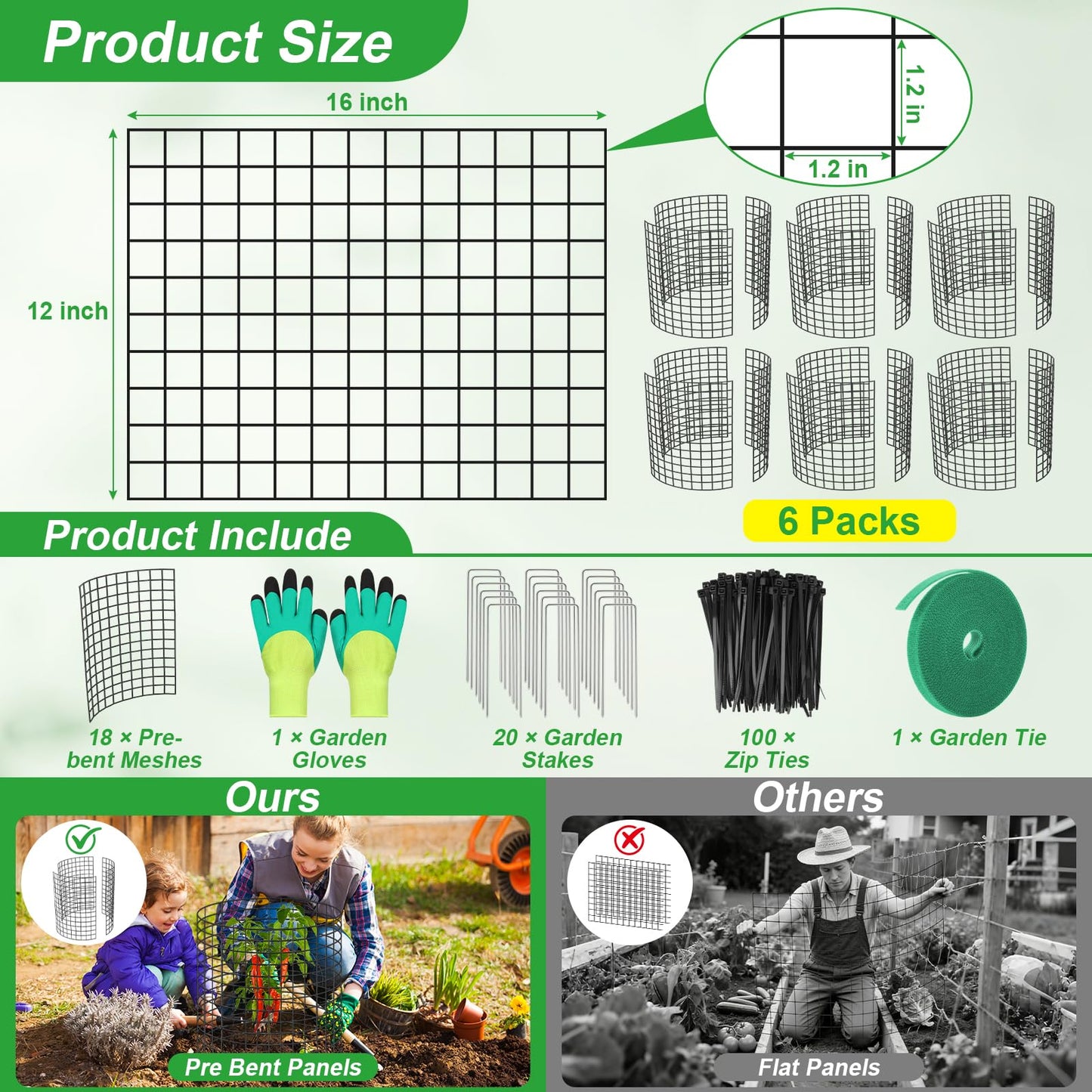6 Pack Plant Protector from Animals,16" x 12" Wire Garden Plant Protectors,18pcs Pre-Bent Metal Mesh Plant Protectors with Zip Tie and Stake, Garden Plant Cage for Flower Vegetable to Keep Animals Out