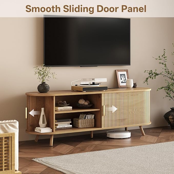 63 inch TV Stand with Power Outlet, Fluted Entertainment Center