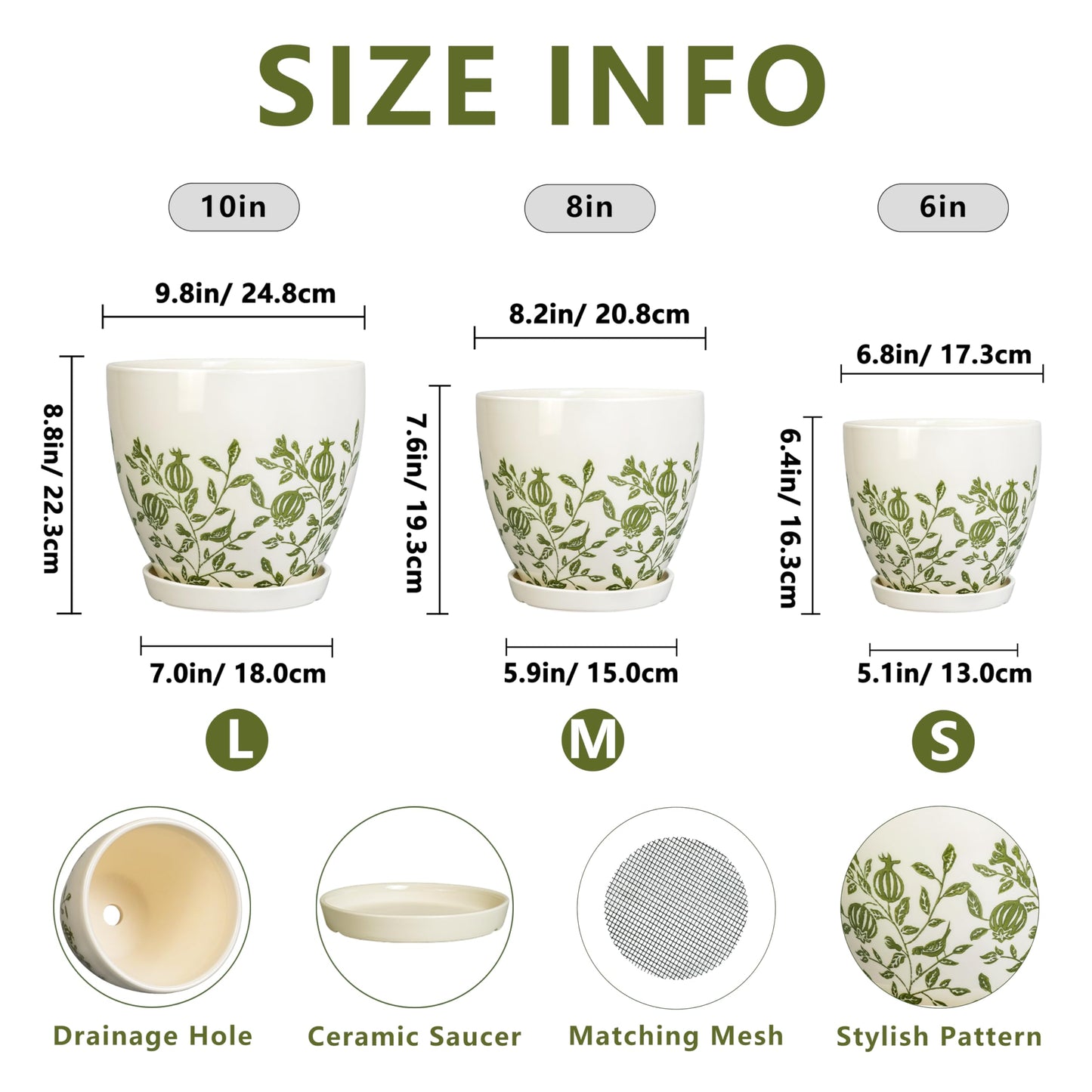 MPotTo Ceramic Flower Pots Indoor - 10+8+6 Inch Ceramic Planters for Outdoor Plants, Boho Round Planter Pots with Drainage Holes and Saucers, Plant Lover Gifts, Patio Decor, Set of 3, White