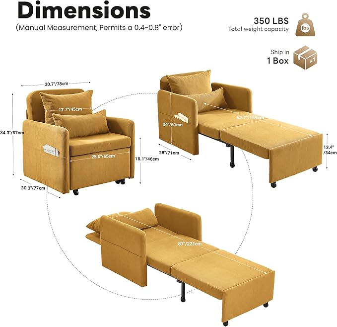 Iroomy 5-Level Adjustable Convertible Sleeper Chair, 3-in-1 Corduroy Pull Out