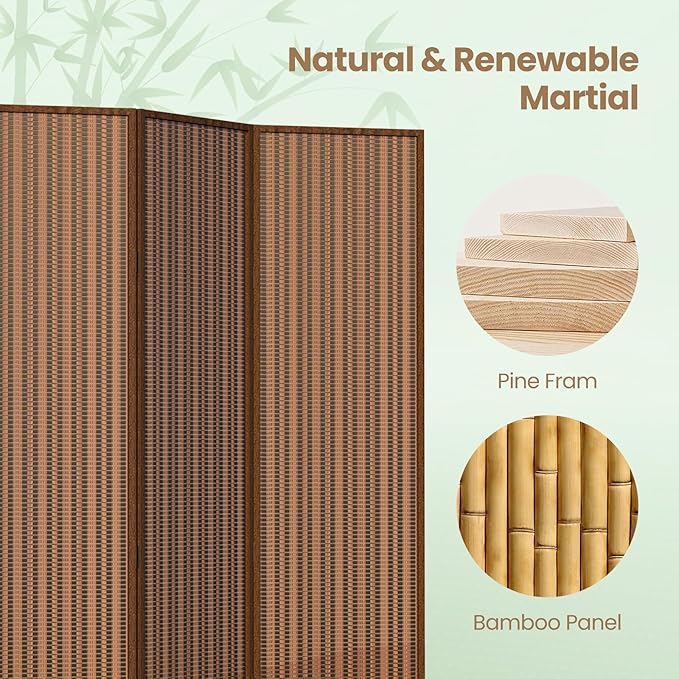 5 Panel Room Divider and Extra Wide Folding Privacy Screen, Bamboo Room Divider