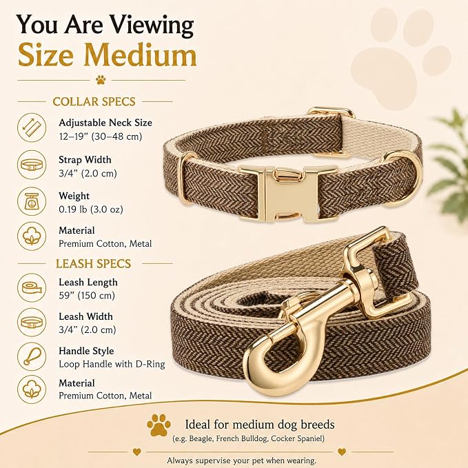 Herringbone Tweed Dog Collar and Leash Set for Medium Dogs, Grey-Brown | Snag-free, no-rub design. Soft breathable cotton, gentle on fur. Adjustable durable matching combo for walks & outdoors.