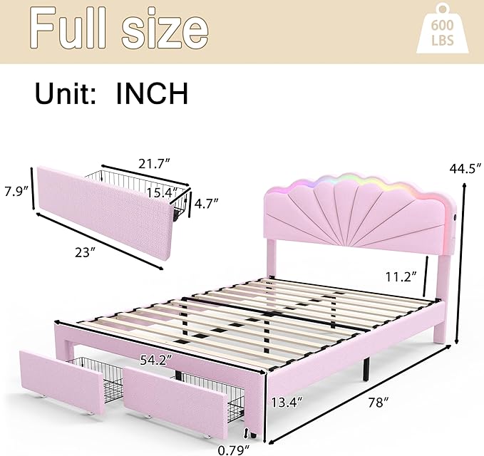 Full Upholstered Bed with 2 Drawers, Charging Station and LED Lighting