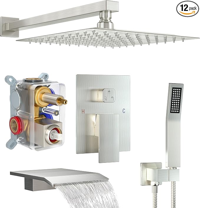 Brushed Nickel Shower System with 12-Inch Rain Showerhead and Tub Spout | cUPC-certified pressure balance brass valve to prevent scalding, CEC-certified air injection technology for low pressure