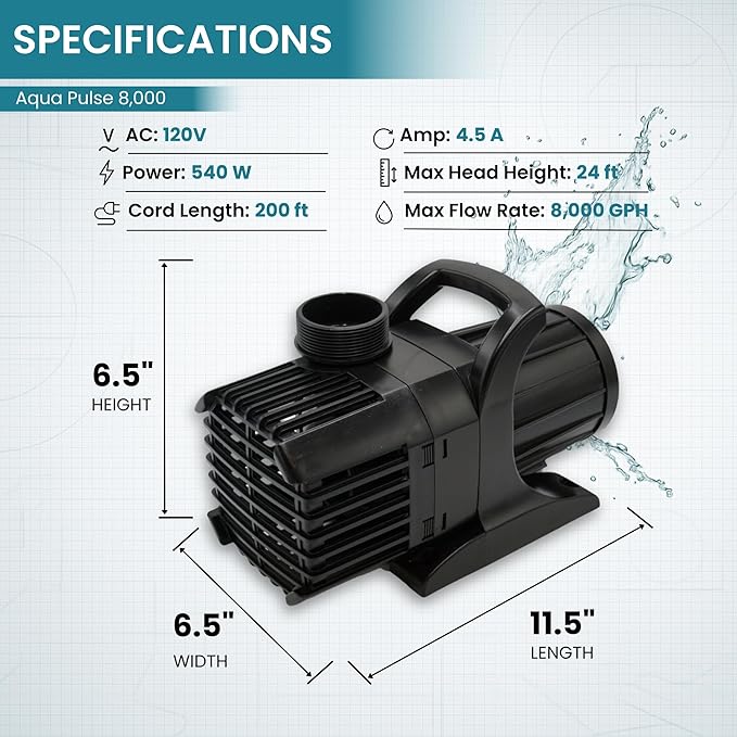 HALF OFF PONDS Submersible Water Pump, 8,000 GPH Pond Pump with 200FT Power Cord and 24FT Max Head, 540W Ultra Quiet Energy Efficient Pump for Koi Pond, Fountain, Waterfall, Water Garden, Skimmer