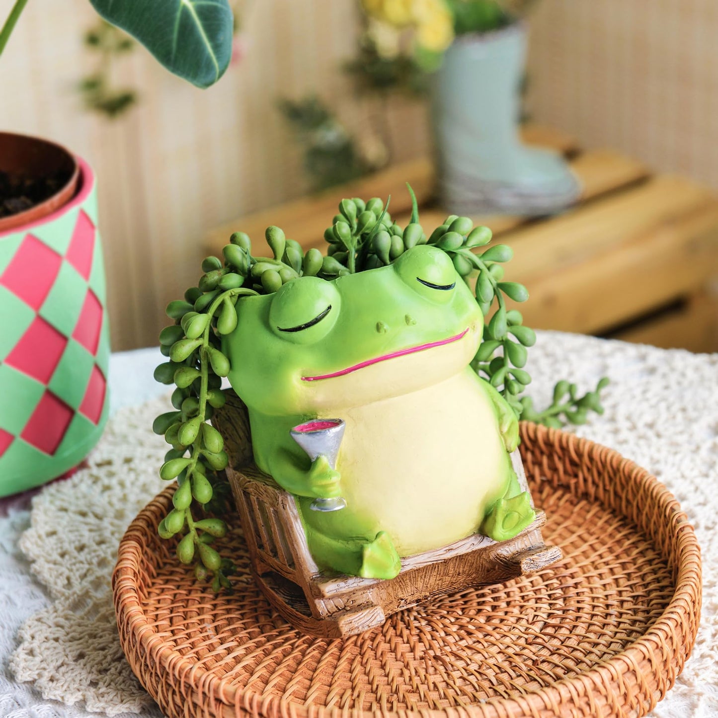 Saysmile Unique Frog Plant Pots Indoor, Cute Small Succulent Pots with Drainage Hole, Rocking Chair Planters for Outdoor Indoor Plants, Resin Flower Pot for String of Pearls, Gift Ideas for Mother